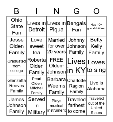 OLDEN-JOHNSON FAMILY REUNION Bingo Card