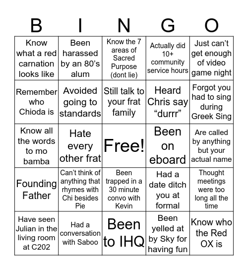 Theta Chi Bingo Card