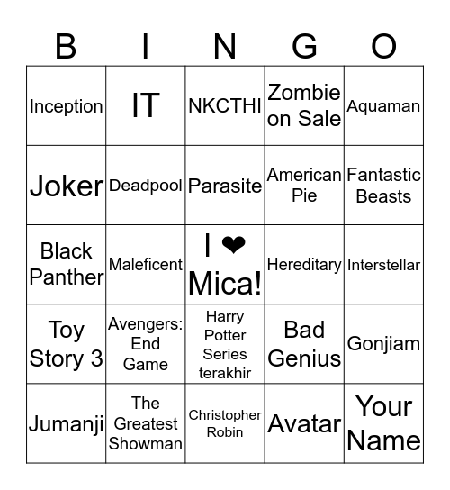 Bingo Night with Mica Bingo Card