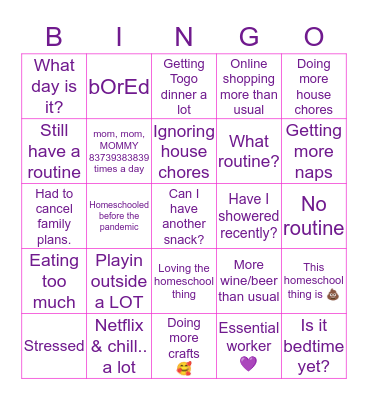 Pandemic Life Bingo Card