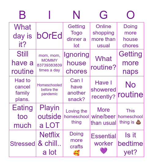 Pandemic Life Bingo Card