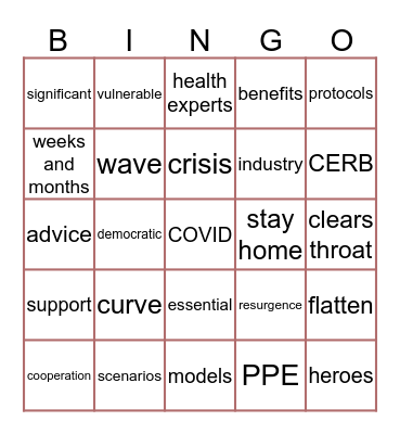 Trudeau COVID Bingo Card