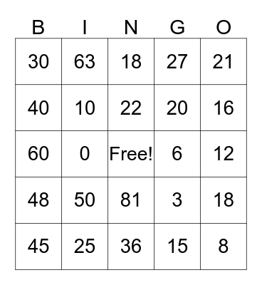 Multiplication BINGO Card