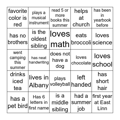 Getting To Know You Bingo Card