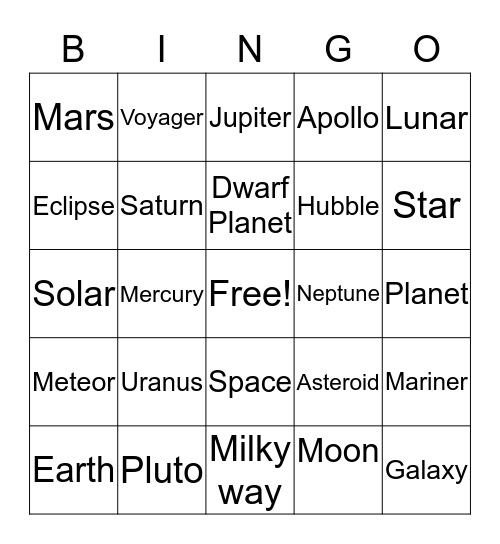 Jonathan’s Outer Space Bingo Card