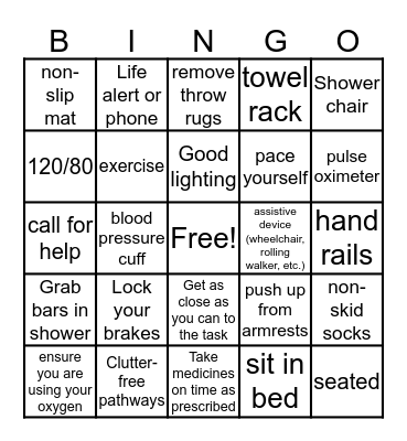 Fall Prevention Bingo Card