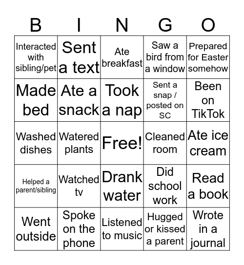 Family Fun Bingo Card Bingo Card