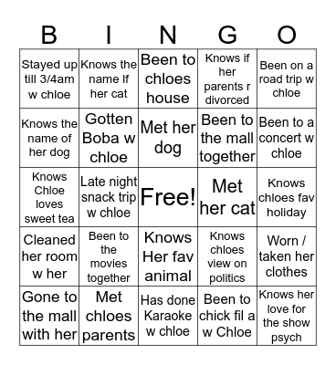 CHLOEs bingo Card