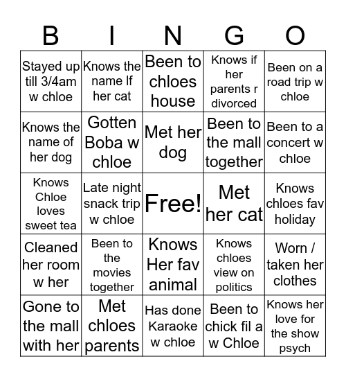CHLOEs bingo Card