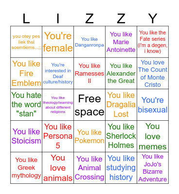 How similar are you to Lizzy? Bingo Card