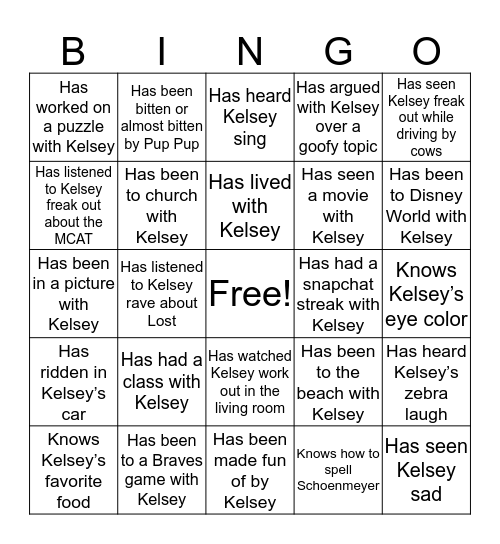 Kelsey Bingo Card