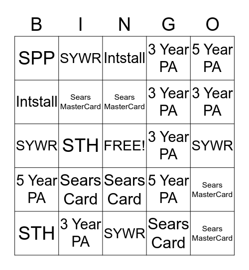 Sears Sales Associate BINGO Card
