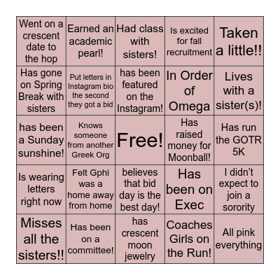 Gamma Phi Beta Bingo Epsilon Psi Edition Bingo Card