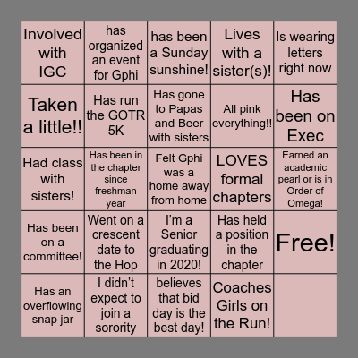 Gamma Phi Beta Bingo Epsilon Psi Edition Bingo Card