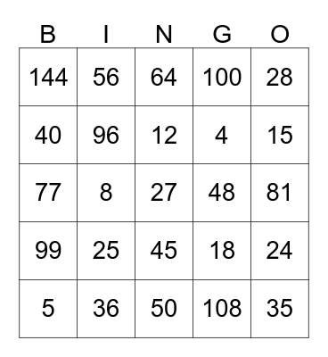 Multiplication Bingo Card