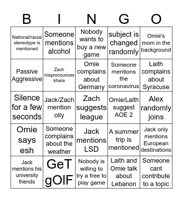 Discord Call Bingo Card