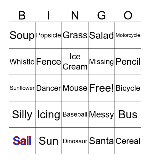 "S" Bingo Card