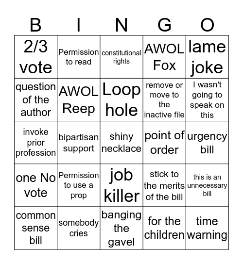 End of Session Bingo Card