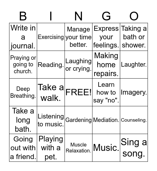 Stress Busters Bingo Card