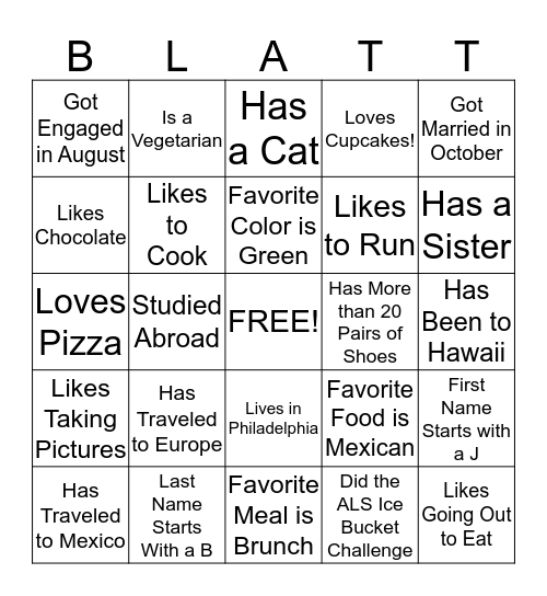 Jordan's Bridal Bingo Card