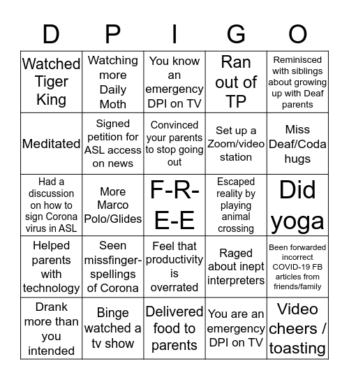 West Coast DPI Bingo Card