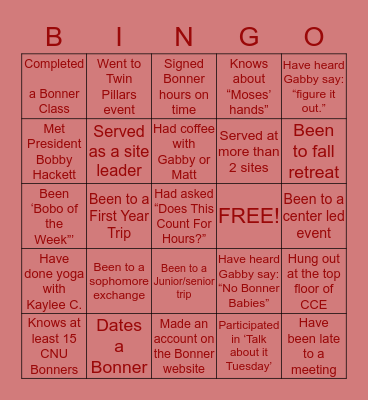 Bonner Scholars Bingo Card