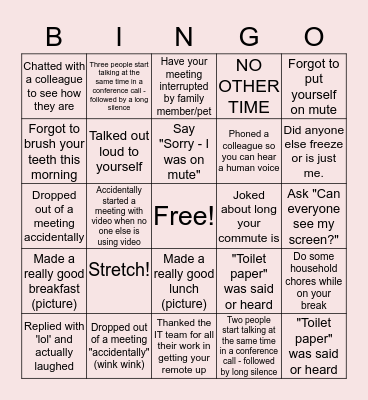 Remote Work Bingo Card