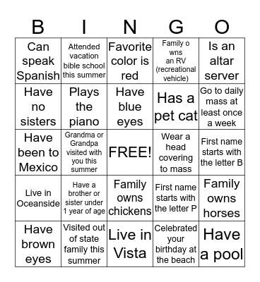 Getting to know you! Bingo Card