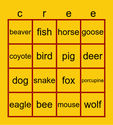Cree Animals Bingo Card