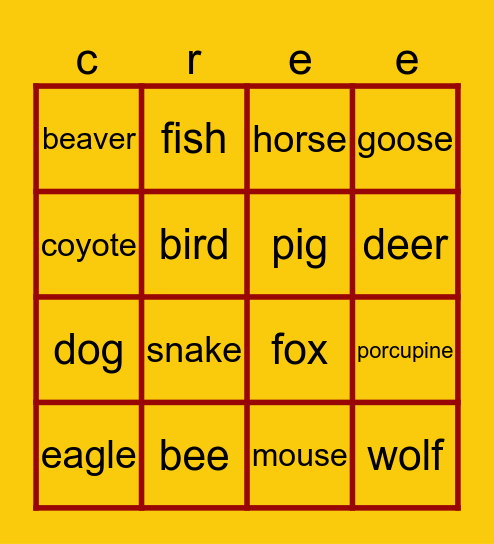 Cree Animals Bingo Card