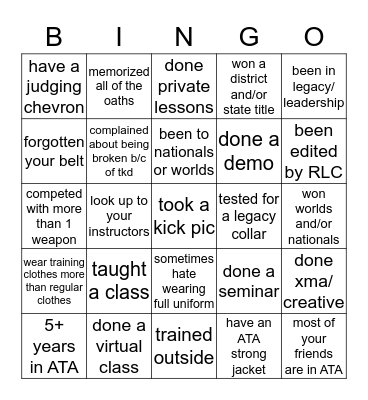 ATA Martial Arts Bingo Card