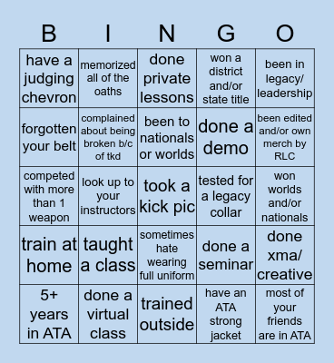 ATA Martial Arts Bingo Card