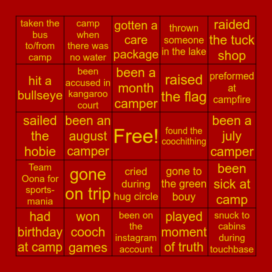 Camp Couchiching Bingo Card