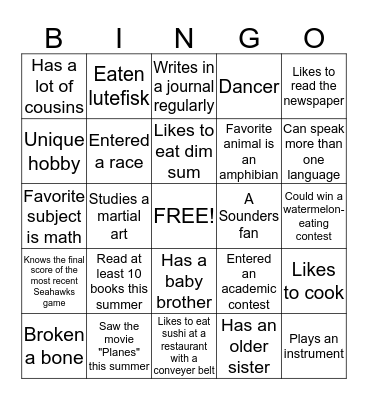 Fourth Grade Bingo Card