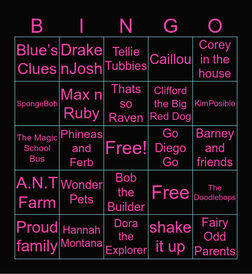ChildHood TV Shows Bingo Card
