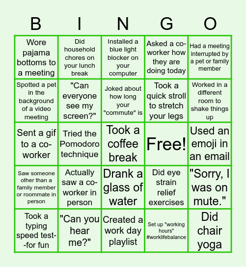 Remote Work Bingo Card