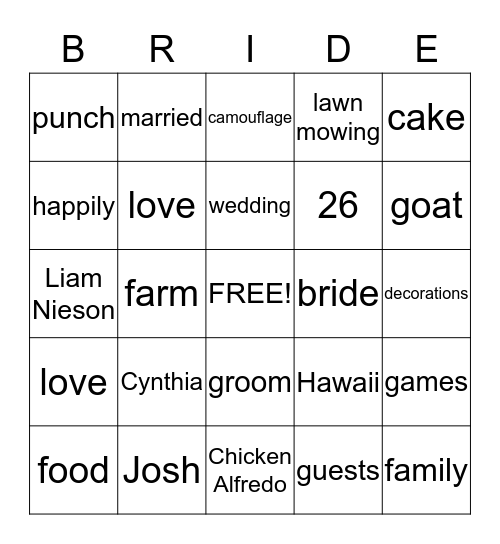 Cynthia's Wedding Shower Bingo Card