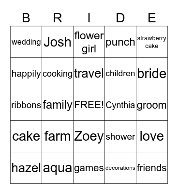 Cynthia's Wedding Shower Bingo Card