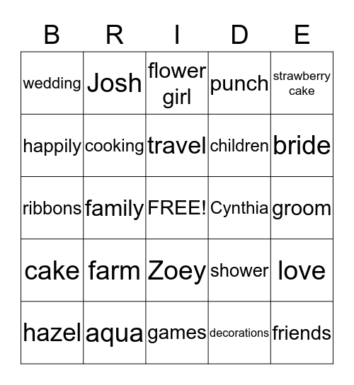 Cynthia's Wedding Shower Bingo Card