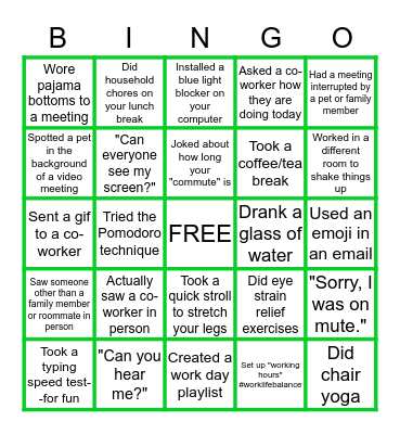 Remote Work Bingo Card