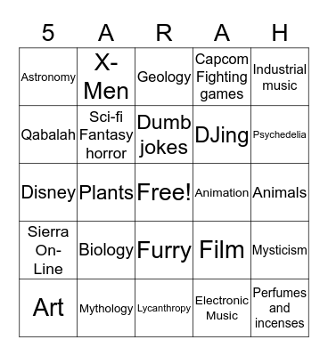 5arah Bingo Card