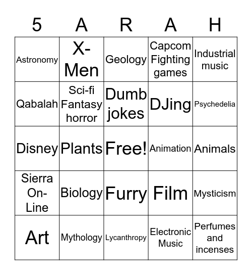 5arah Bingo Card