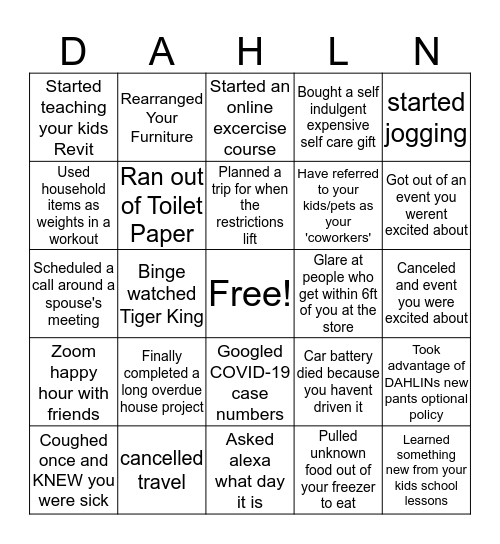 Quarantine Edition Bingo Card