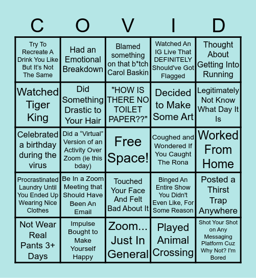 Quarantine Birthday Bingo Card