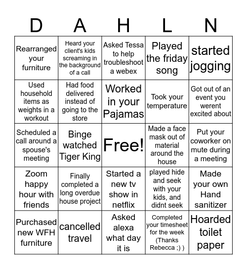 Quarantine Edition Bingo Card