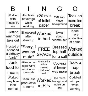 Bobcat WFH During COVID-19 Bingo Card