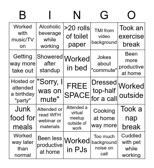 Bobcat WFH During COVID-19 Bingo Card