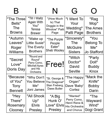 Top Songs of the 1950s Bingo Card