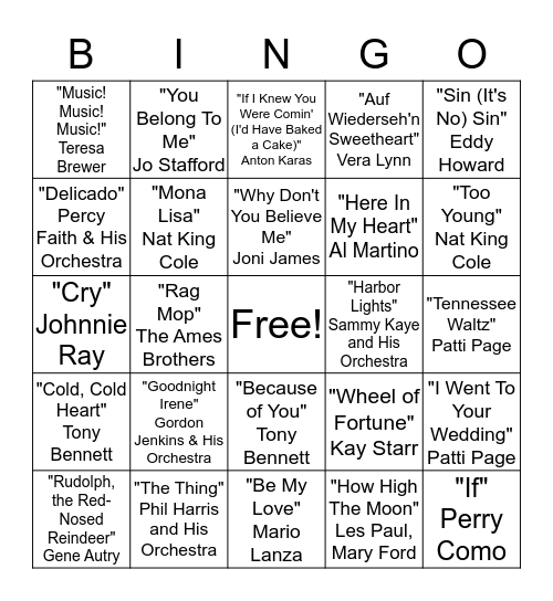 Top Songs of the 1950s Bingo Card