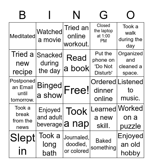 Self-care Bingo Card